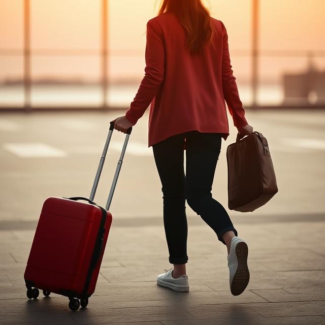Traveler walking with a red suitcase