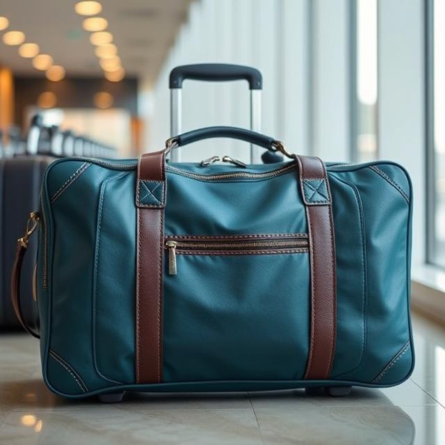 A stylish, dark red suitcase standing ready for a journey.